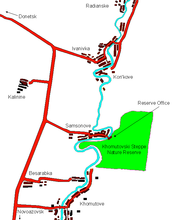 map showing connexions of the reserve to roads in Donetsk oblast'